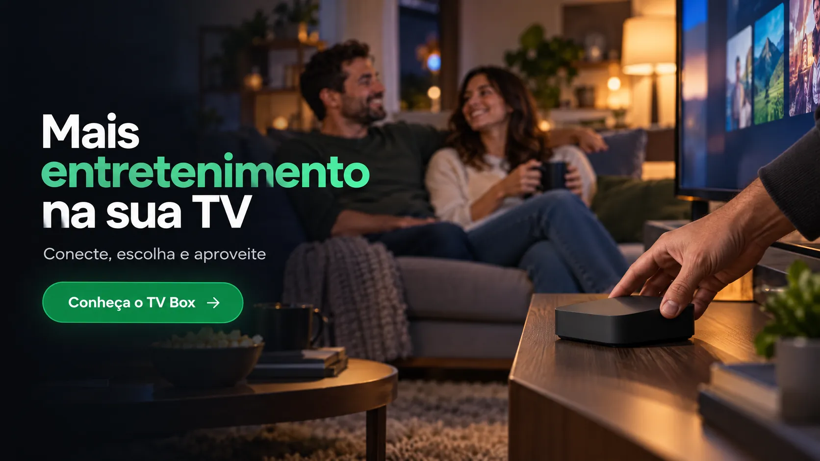 Smart TV com aplicativo de entretenimento e controle remoto